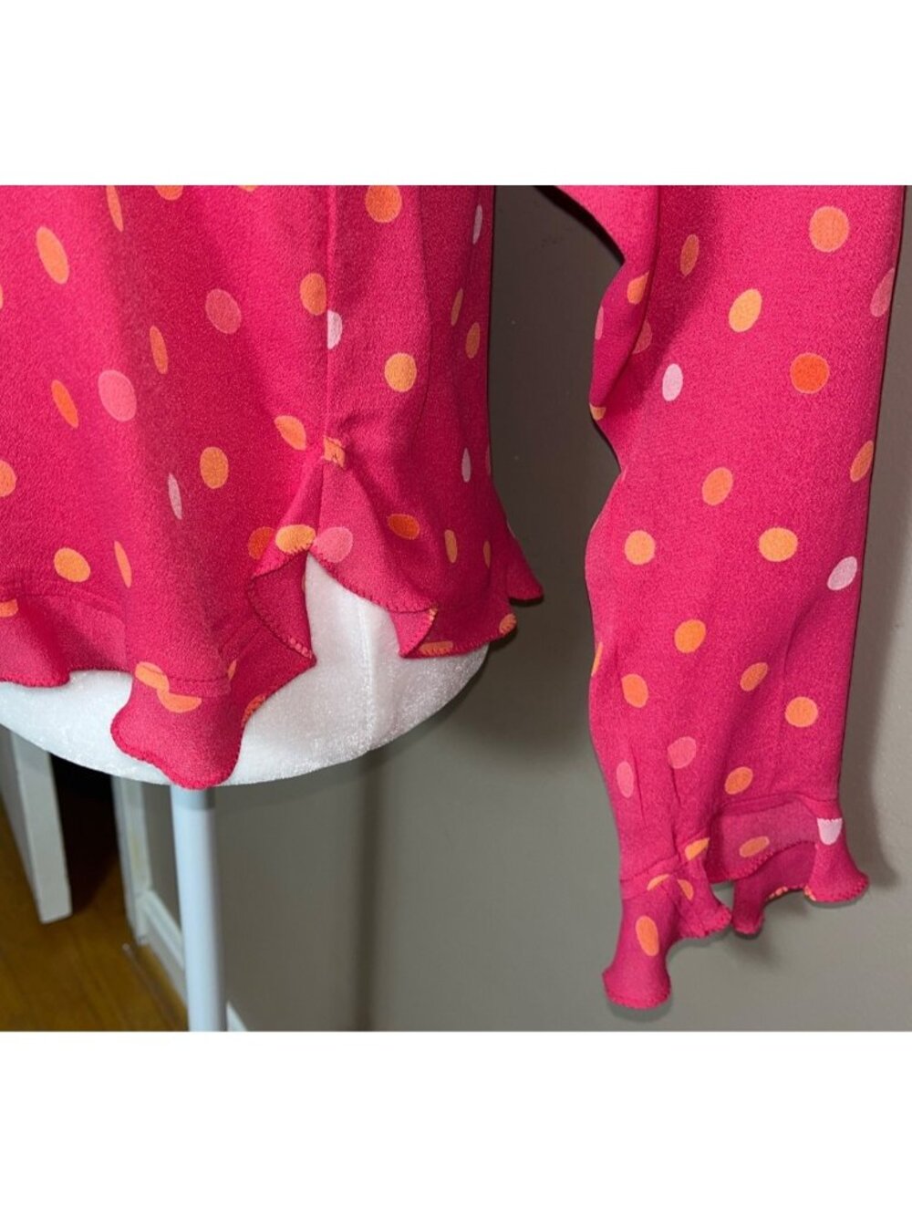 Vtg Rare April Cornell Top Pink Polka Dot Button Ties Twee Flutter Ruffles Wm XS - Picture 5 of 10